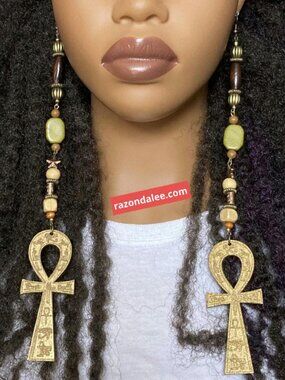 Elongated Dangle Earrings Wooden Ankhs Brown Multi by Razonda Lee